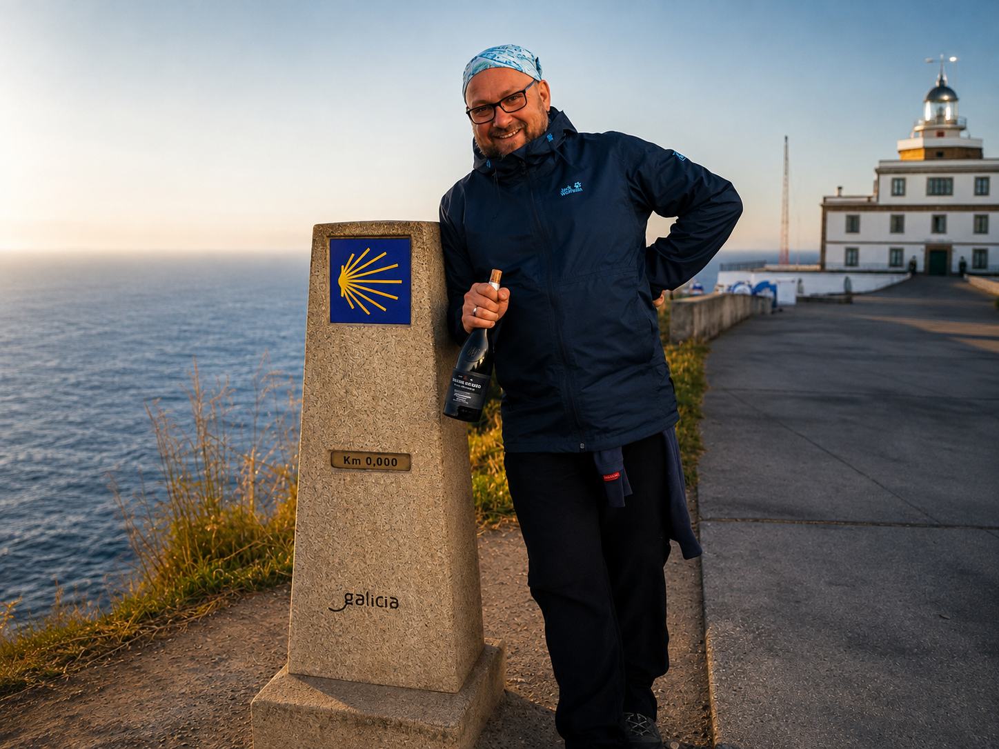 Roberto am Kilometer-Null-Wegstein an der Atlantikküste